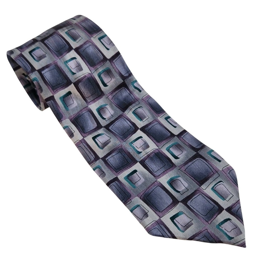 J. GARCIA Silk Neck Tie Emerald City Silver Purple Geometric 58" VTG
